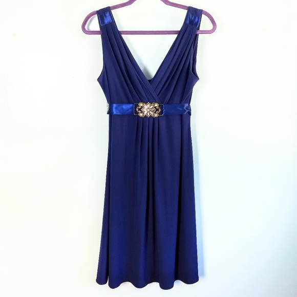Scarlett Nite Dresses & Skirts - Scarlett Nite Dark Blue Fit-&-Flare Deep V-neck Dress w/ Embellished Ribbon Belt